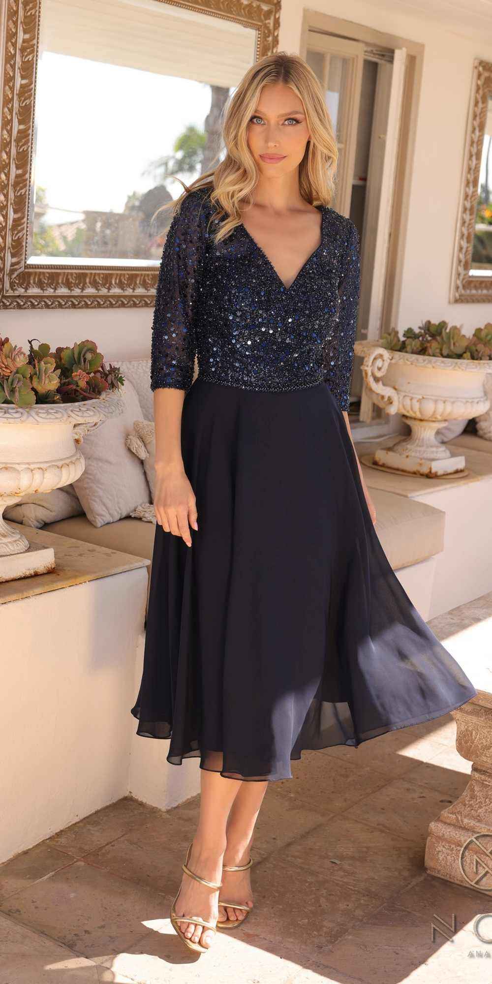 Nox Anabel MF104 Tea Length Sequin Bodice Short 3/4 Sleeve Dress