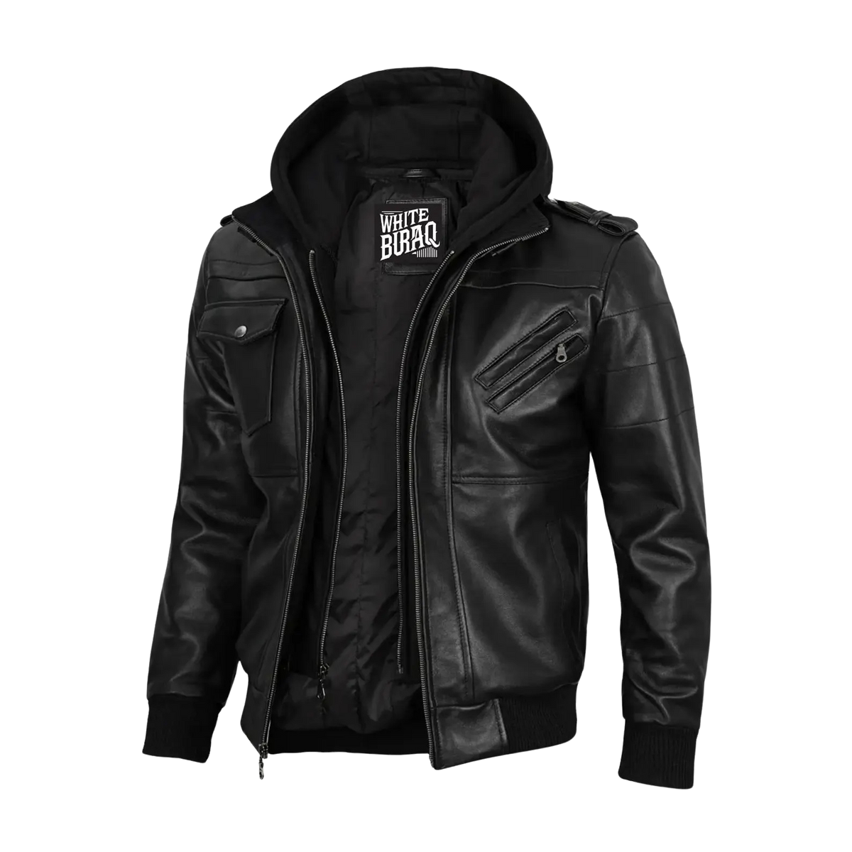 Men's Lambskin Leather Bomber Jacket with Removable Hood