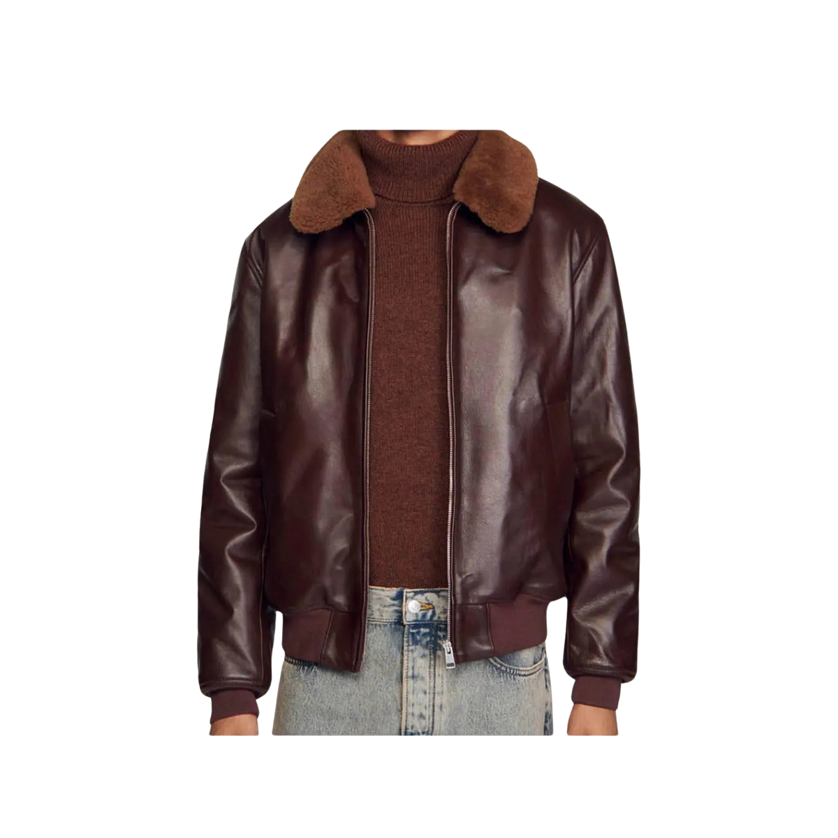 Men's Distressed Brown Lambskin Bomber Jacket with Shearling Collar
