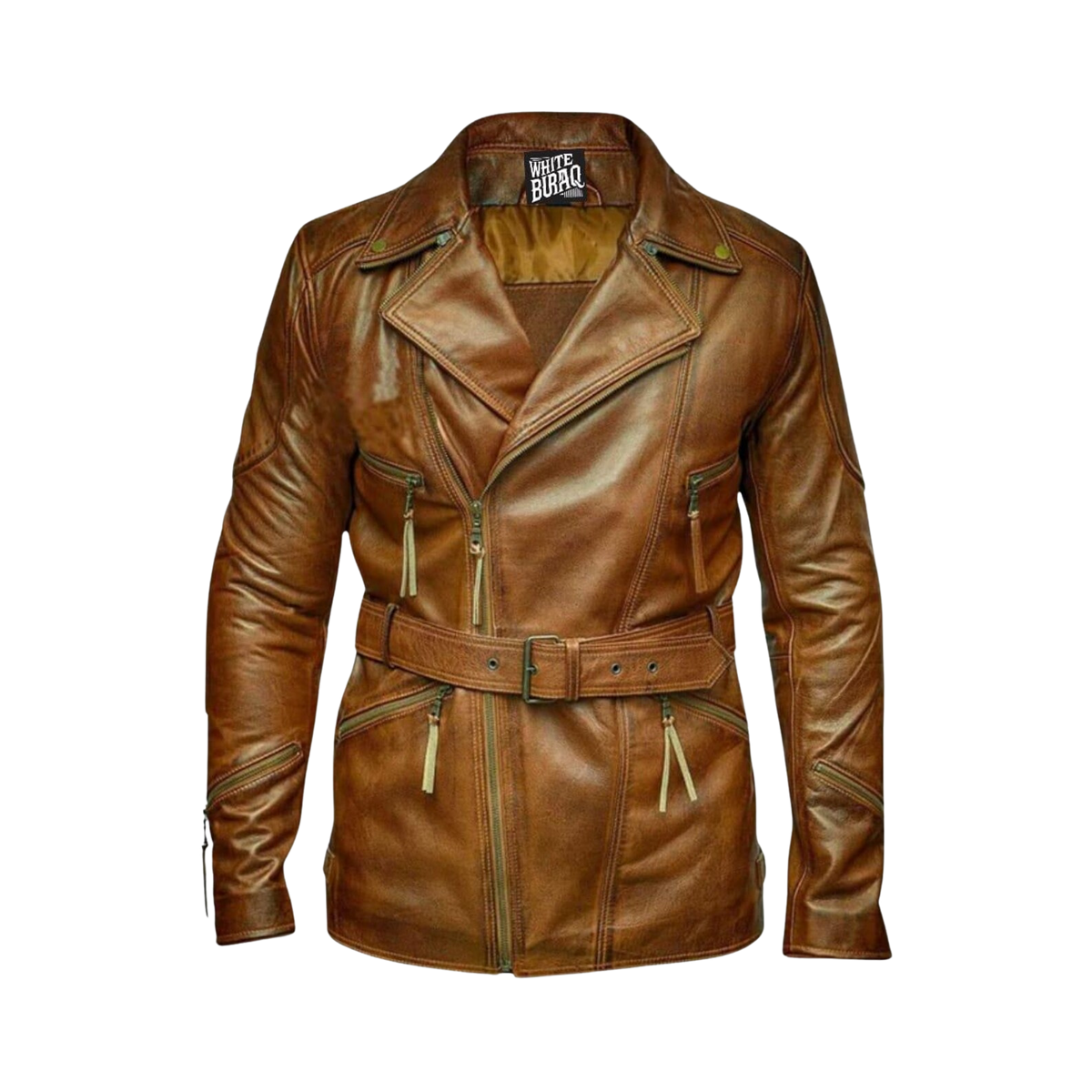 Men's Distressed Brown Sheepskin Double-Breasted Belted Coat