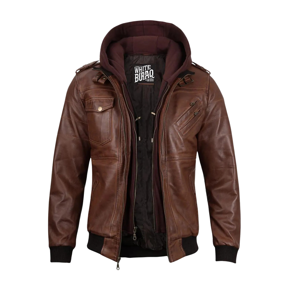 Men's Lambskin Leather Bomber Jacket with Removable Hood