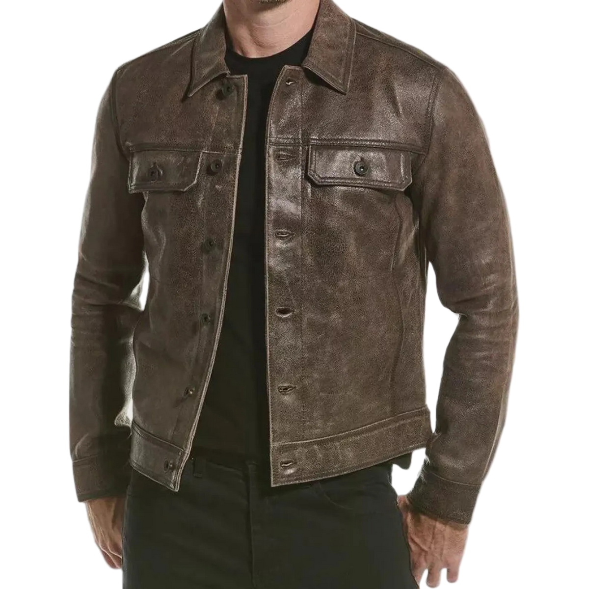 Men's Distressed Brown Lambskin Trucker Jacket with Flap Pockets