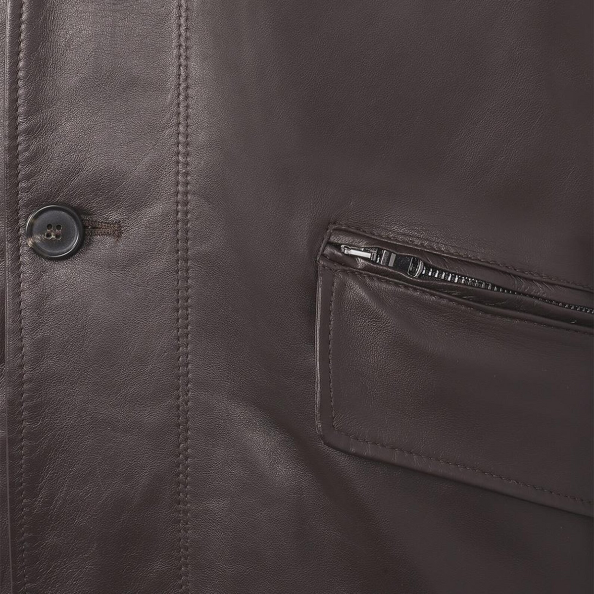 Men's Dark Brown Cowhide Leather Coat with Double Collar
