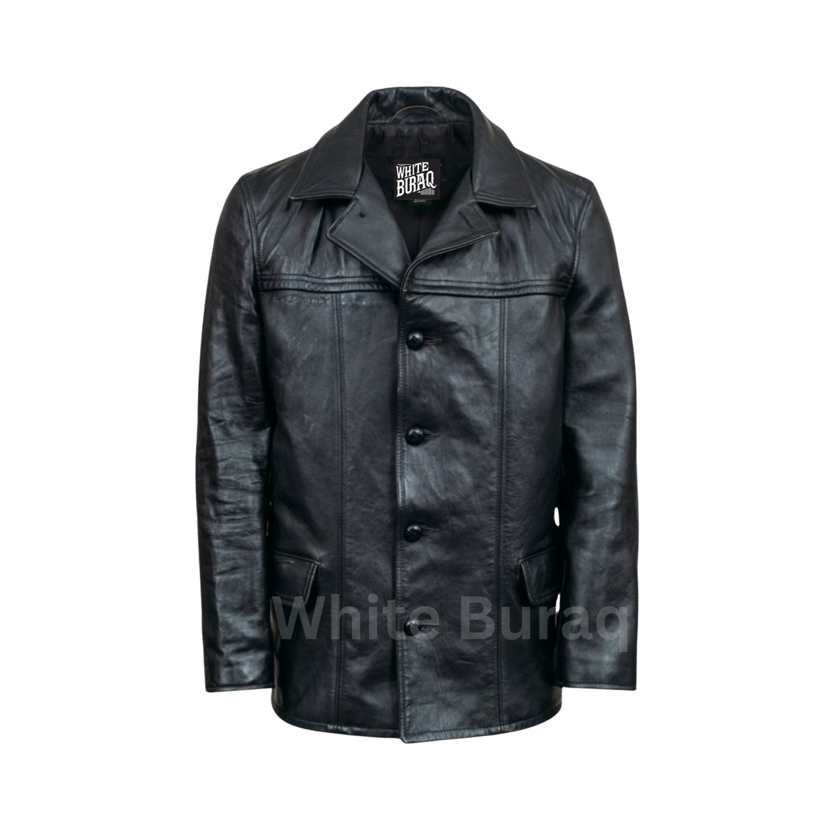 Men's Black Leather Mid-Length Car Coat