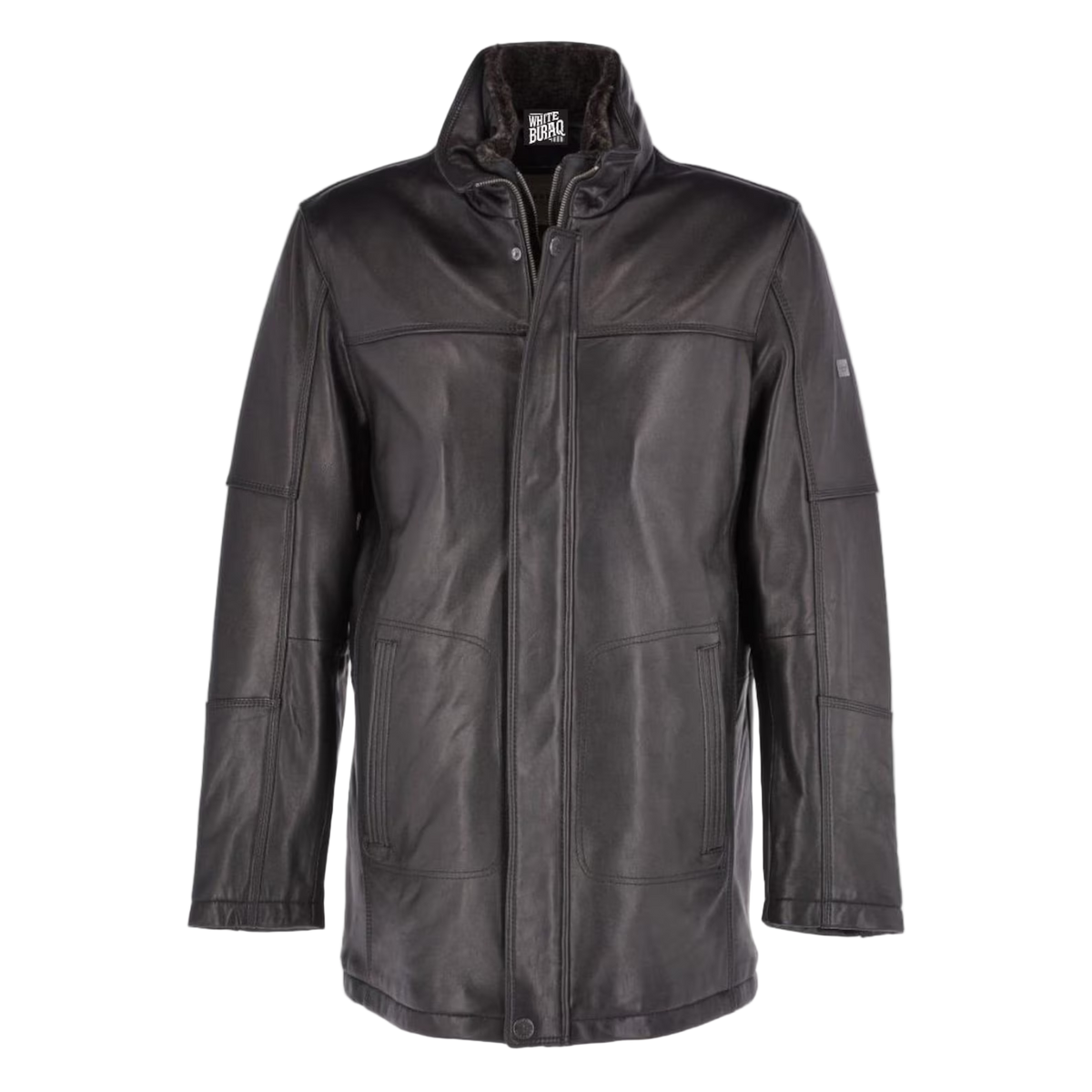 Men's Black Leather Coat with Detachable Collar
