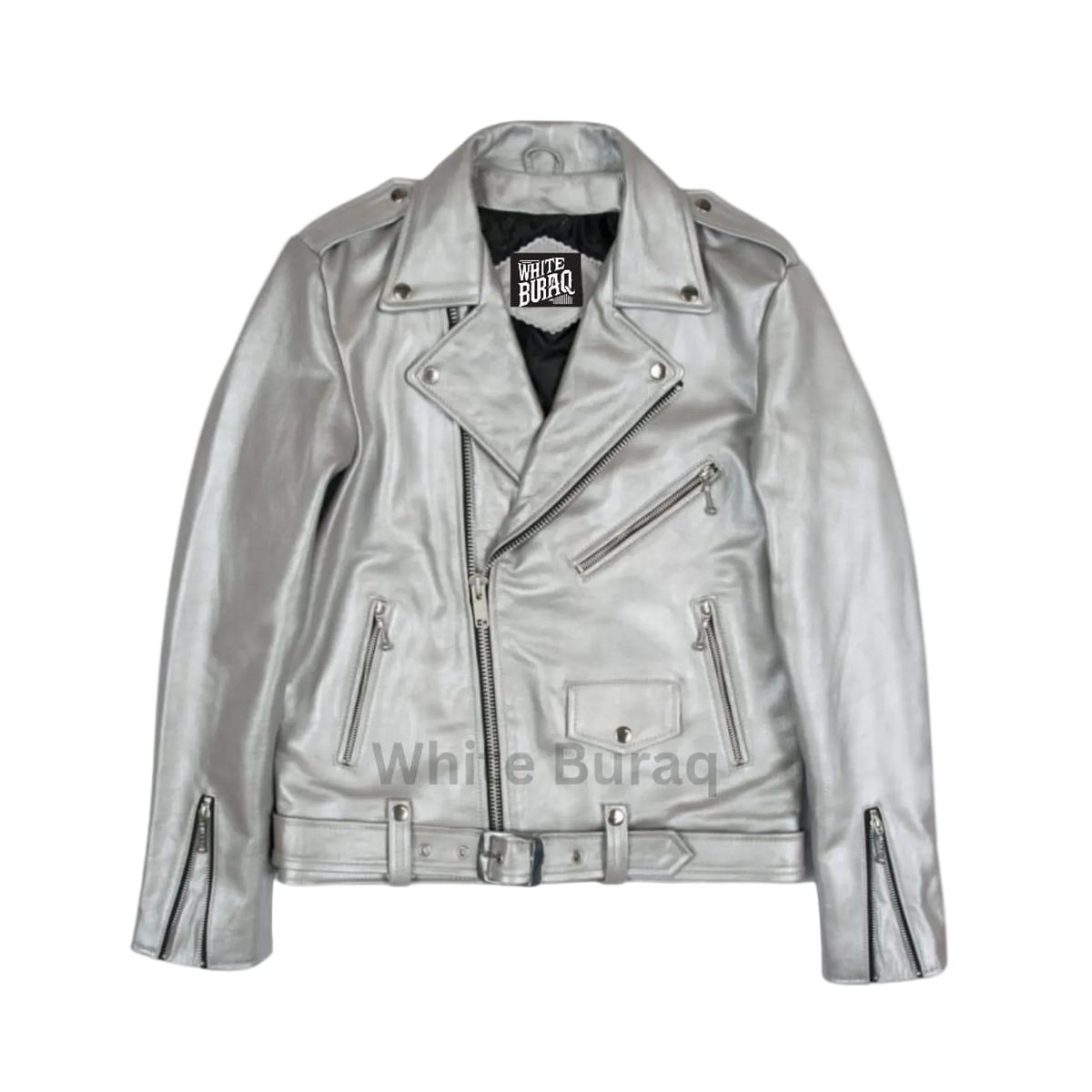 Men's Silver Lambskin Hooded Biker Jacket