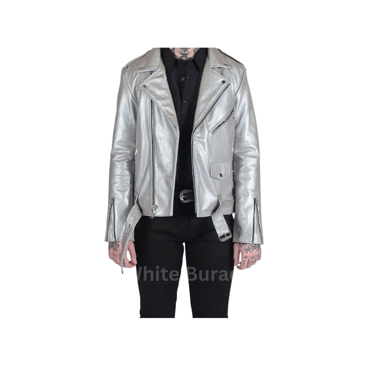 Men's Silver Lambskin Hooded Biker Jacket