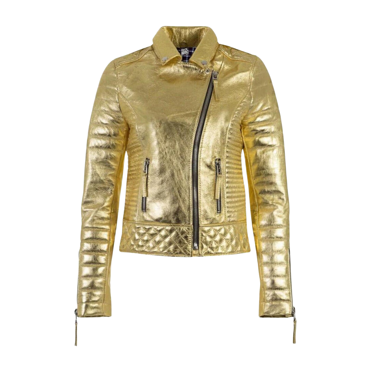 Women's Gold Metallic Quilted Leather Biker Jacket