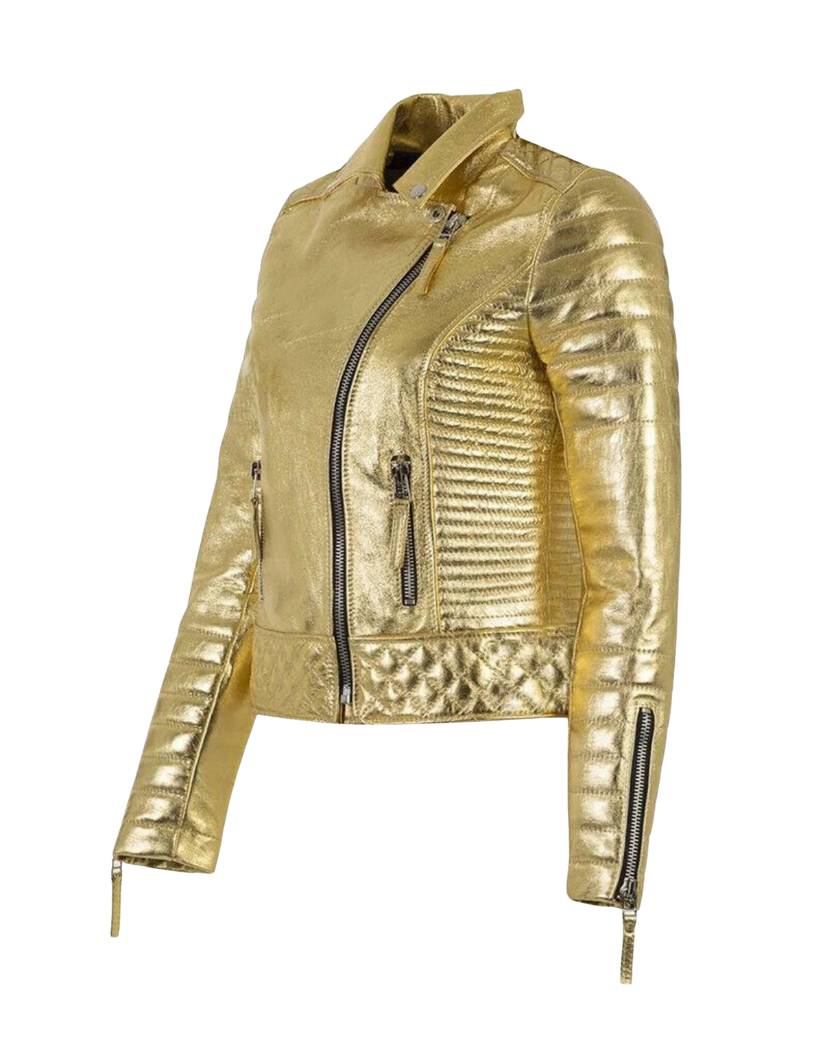 Women's Gold Metallic Quilted Leather Biker Jacket