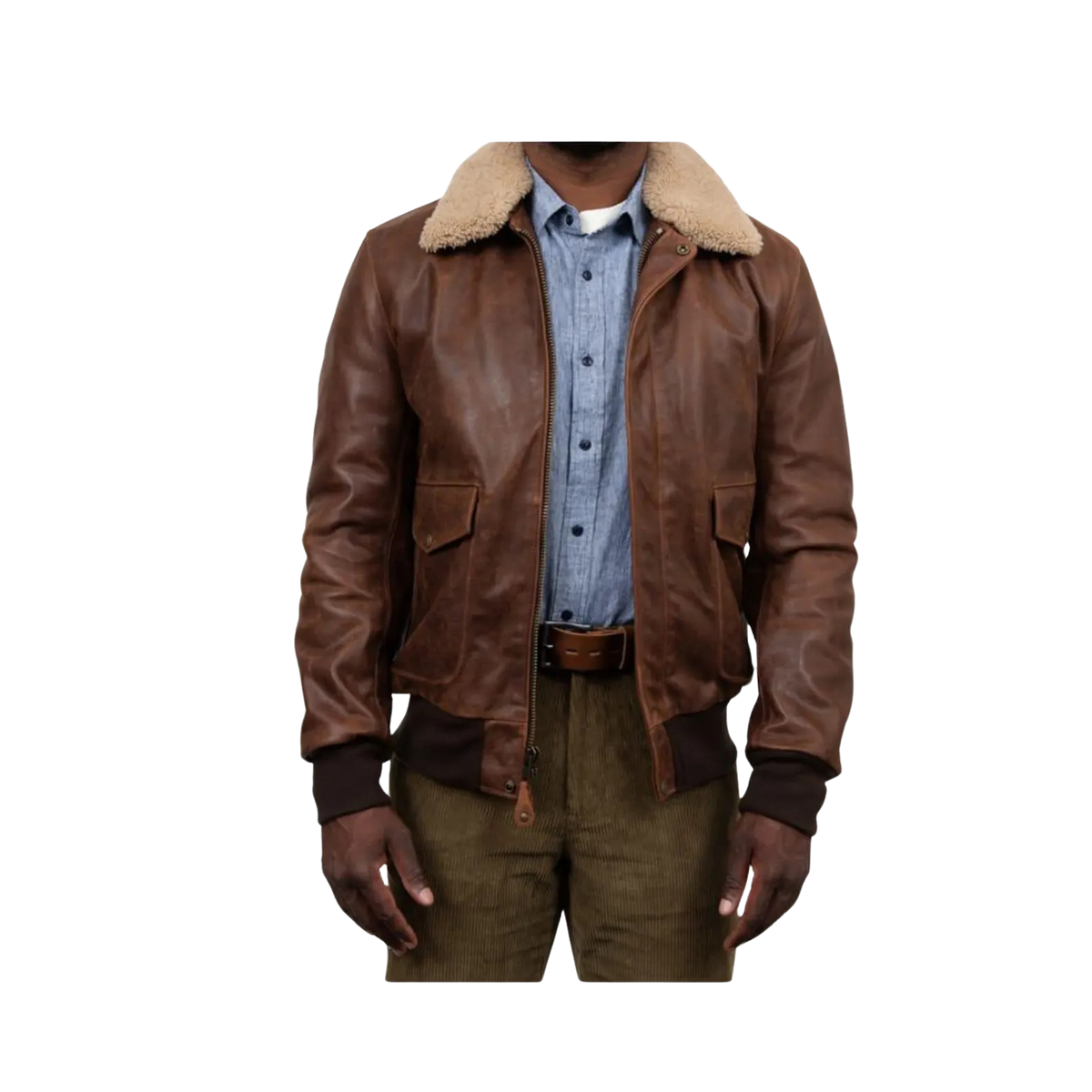 Men's Distressed Brown Buffalo Bomber Jacket with Sheepskin Collar