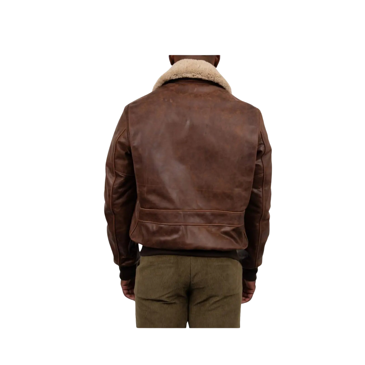 Men's Distressed Brown Buffalo Bomber Jacket with Sheepskin Collar