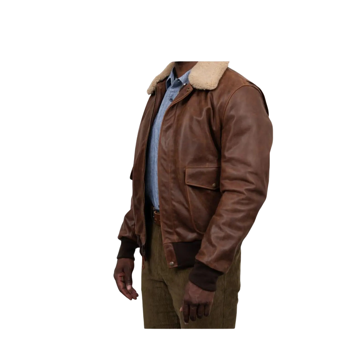 Men's Distressed Brown Buffalo Bomber Jacket with Sheepskin Collar