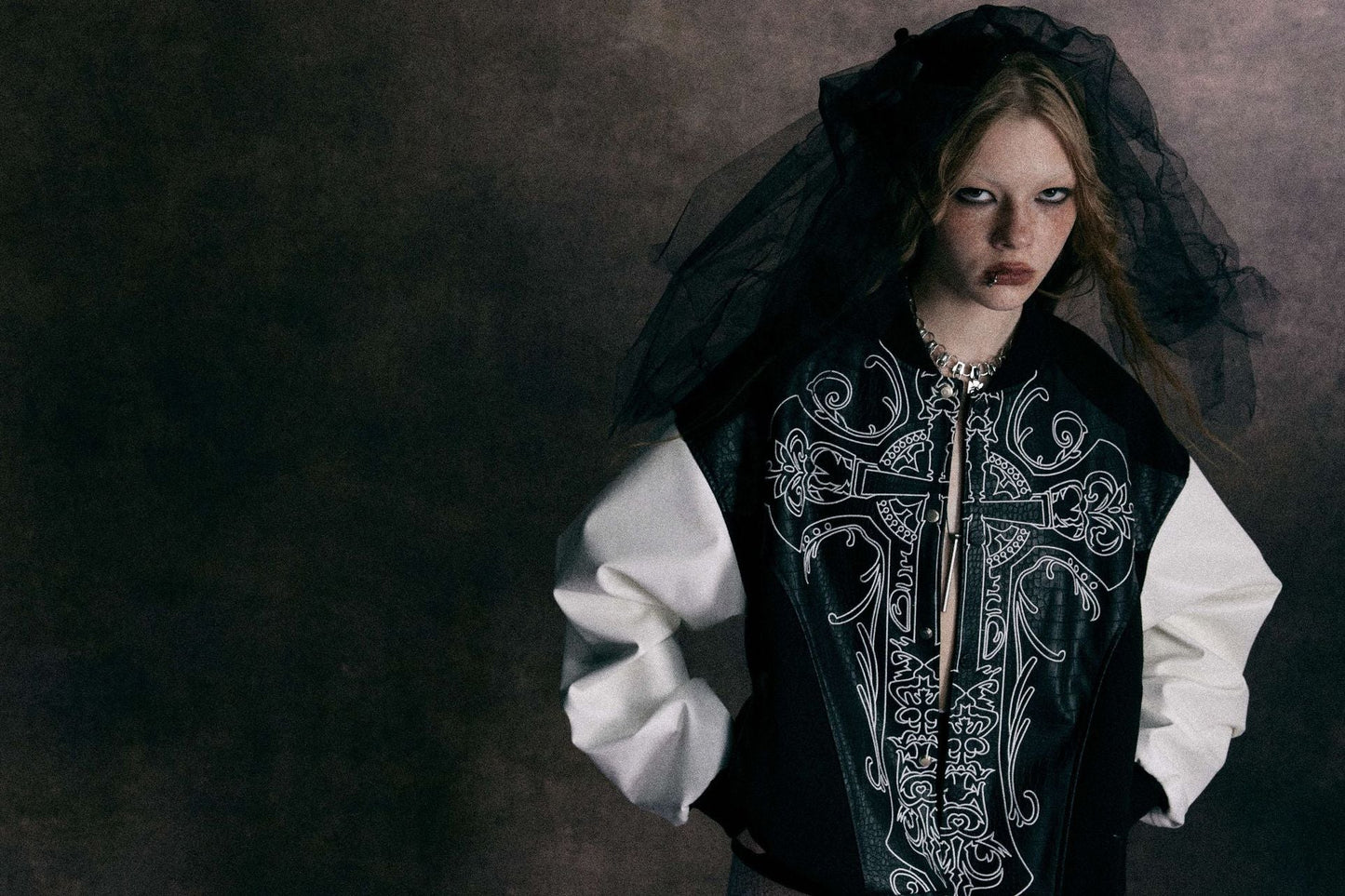 Cross Embroidery Leather Varsity Jacket