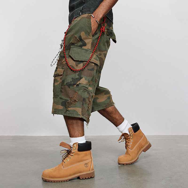 Distressed Cargo Baggy Camo Shorts