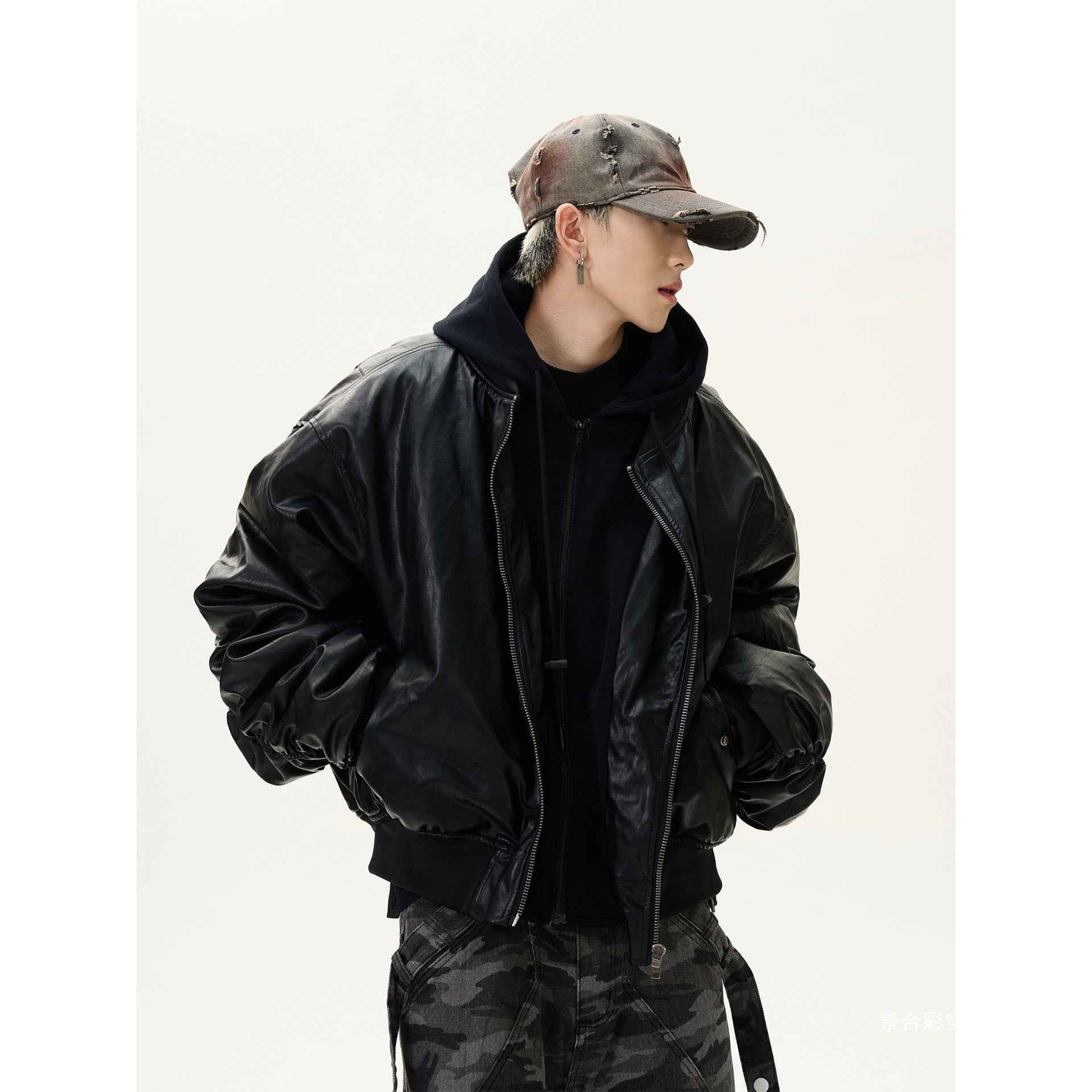 Thick Leather Hooded Jacket
