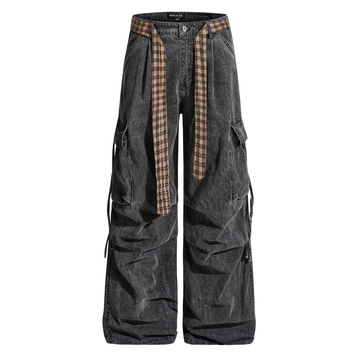 Vintage Washed Cargo Pants with Plaid Belt
