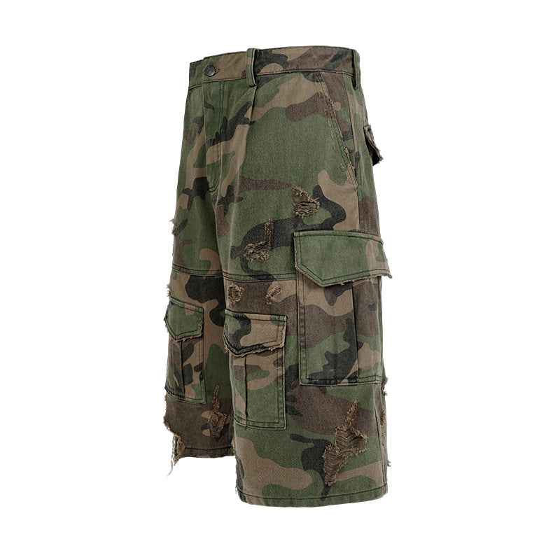Distressed Cargo Baggy Camo Shorts