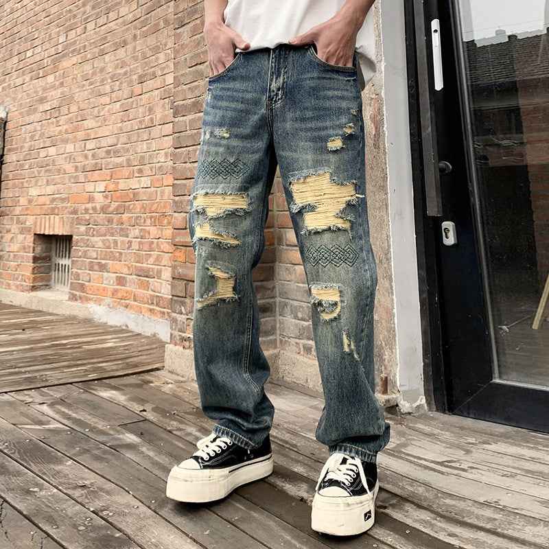 Embroidered Washed Ripped Jeans