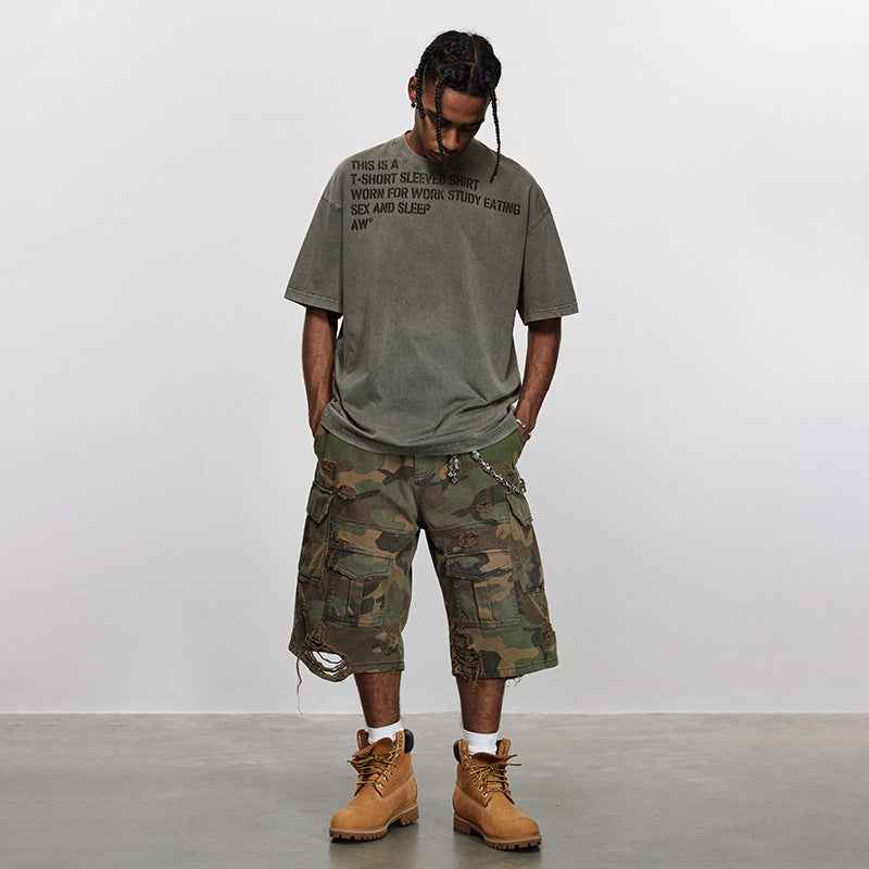 Distressed Cargo Baggy Camo Shorts