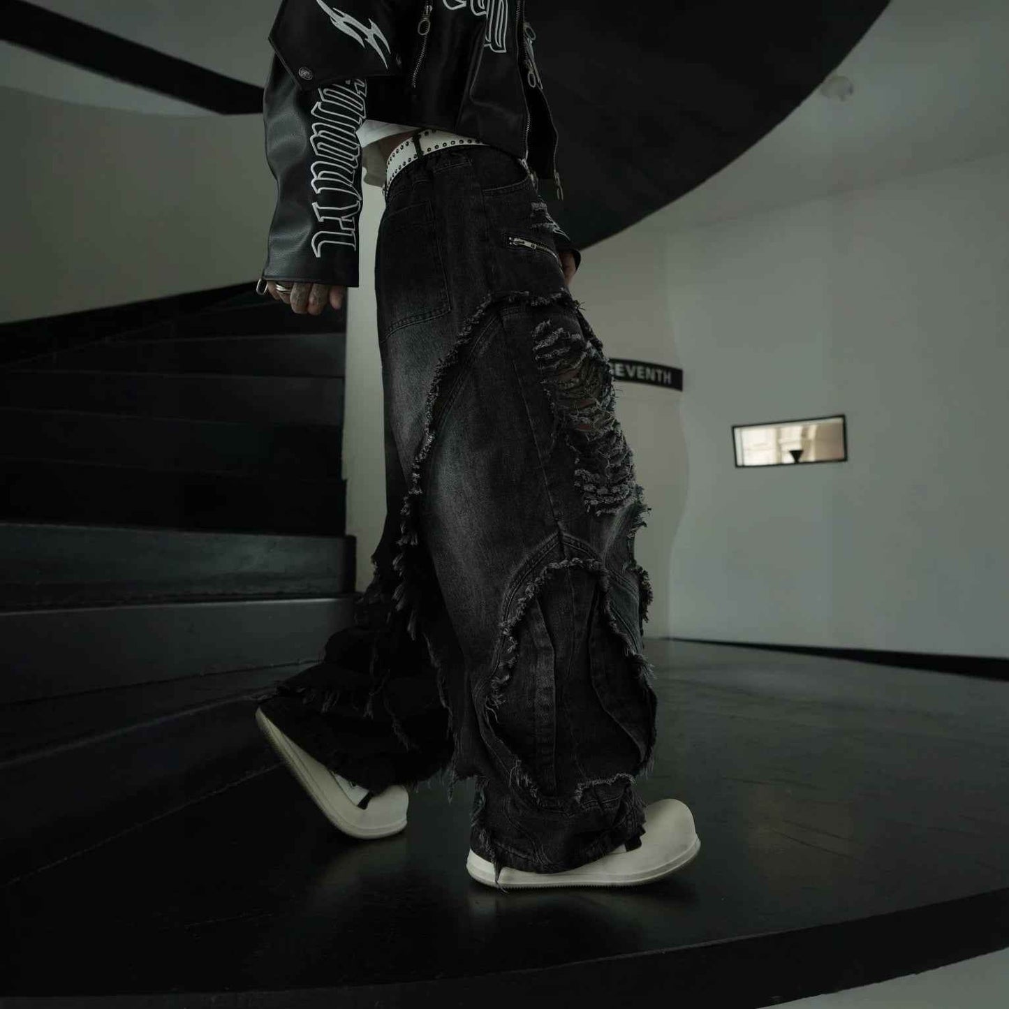 Distressed Biker Wide Leg Jeans