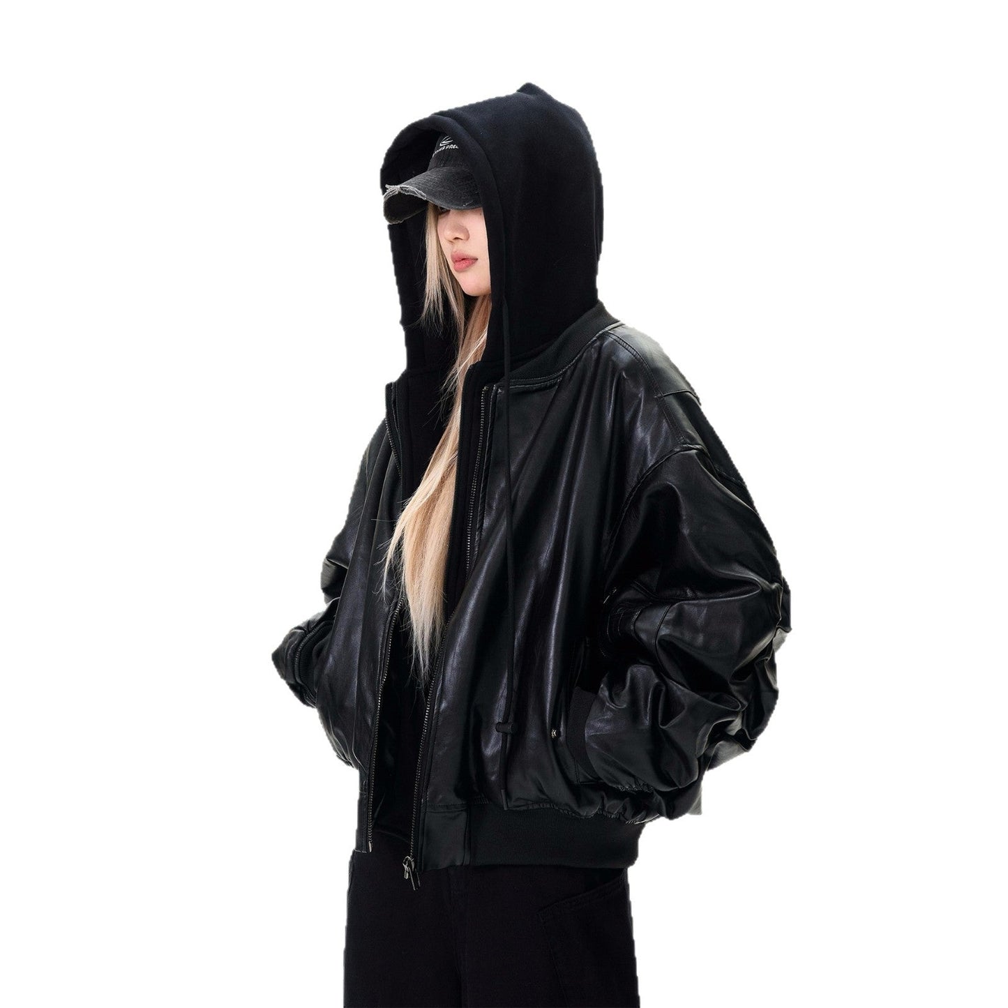 Thick Leather Hooded Jacket