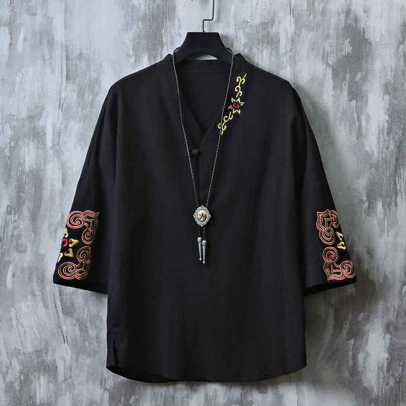 Chinese Embroidered V-Neck Hanfu Tee