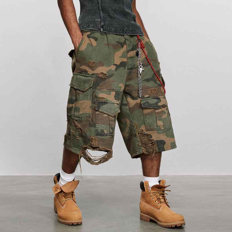 Distressed Cargo Baggy Camo Shorts