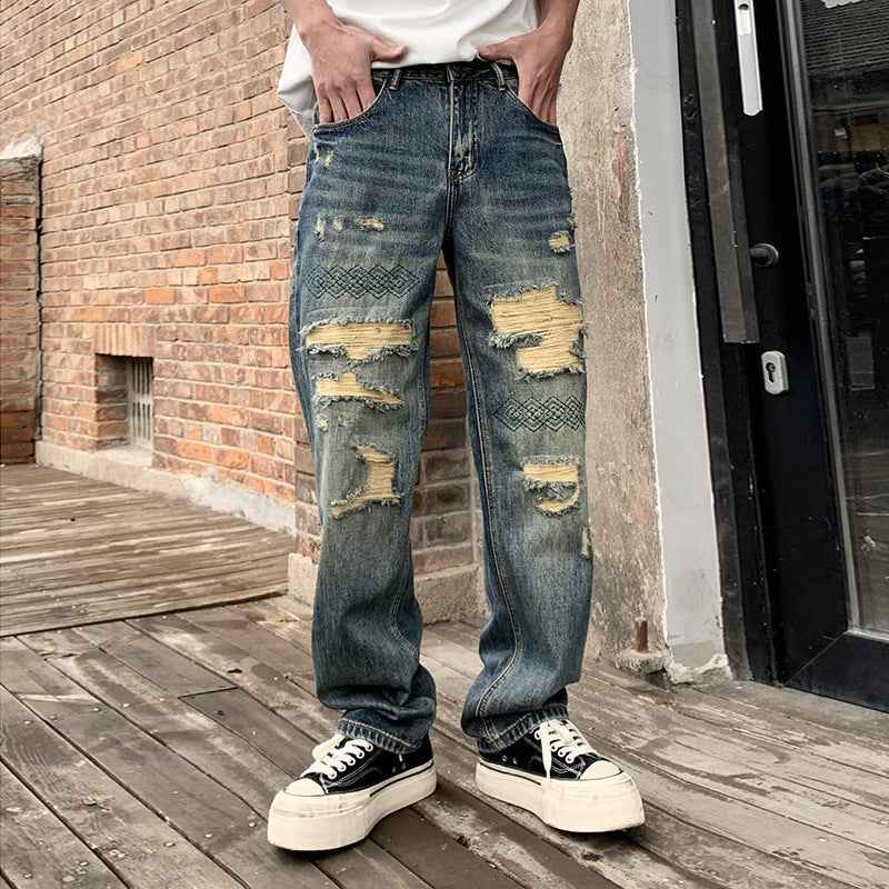 Embroidered Washed Ripped Jeans