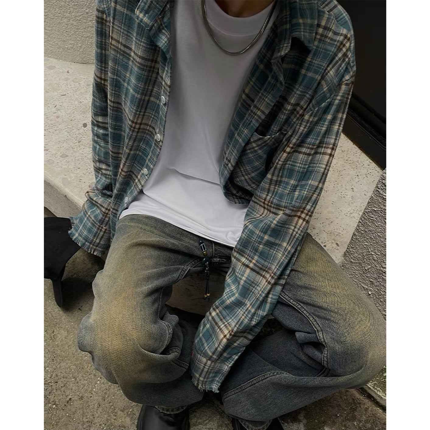 Distressed Plaid Flannel Shirt