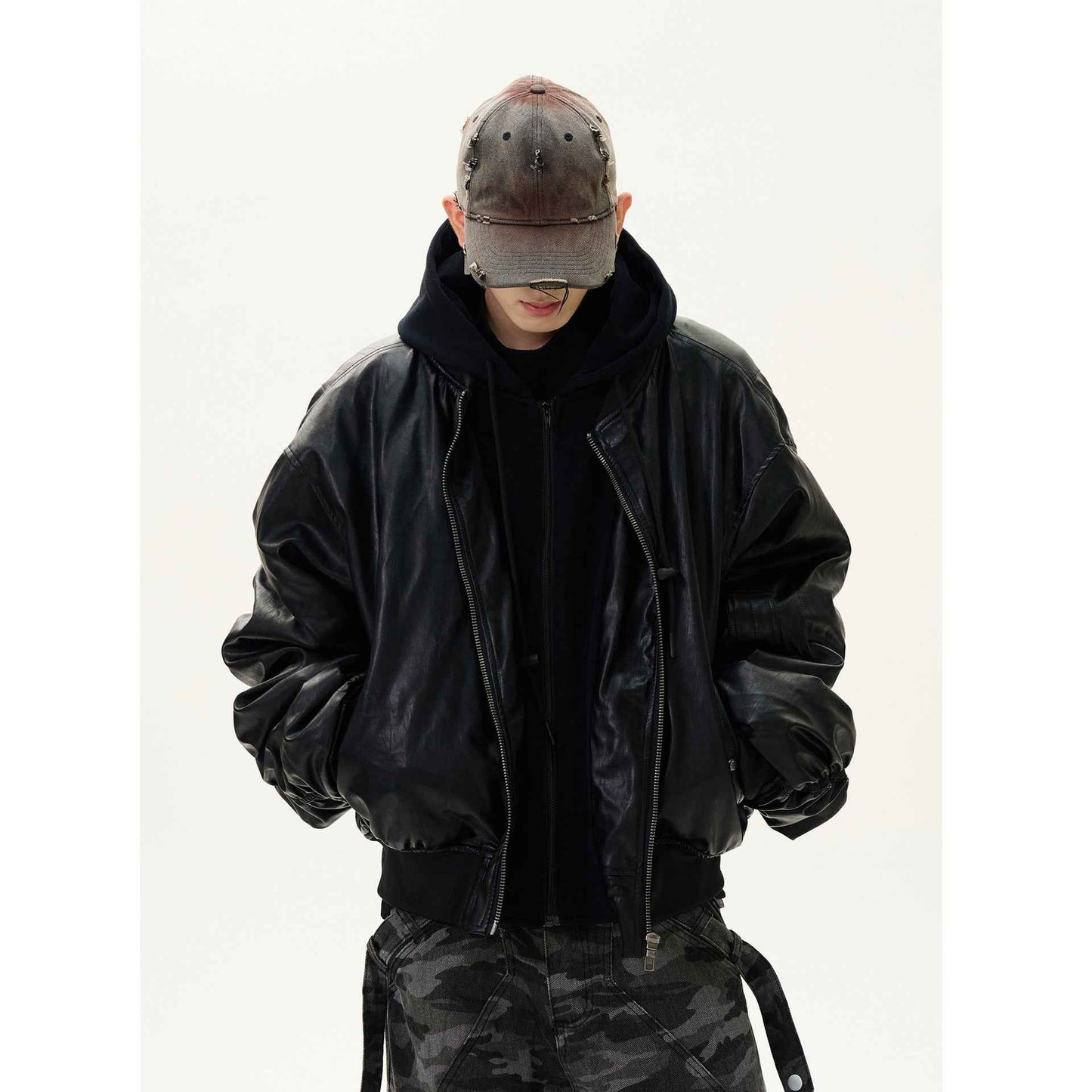 Thick Leather Hooded Jacket