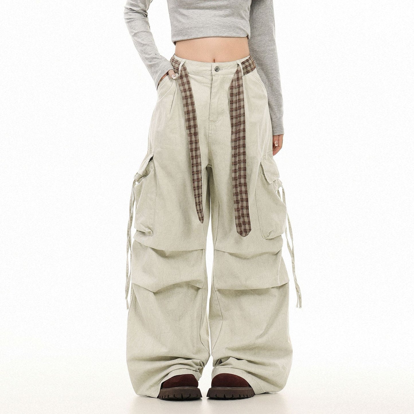 Vintage Washed Cargo Pants with Plaid Belt