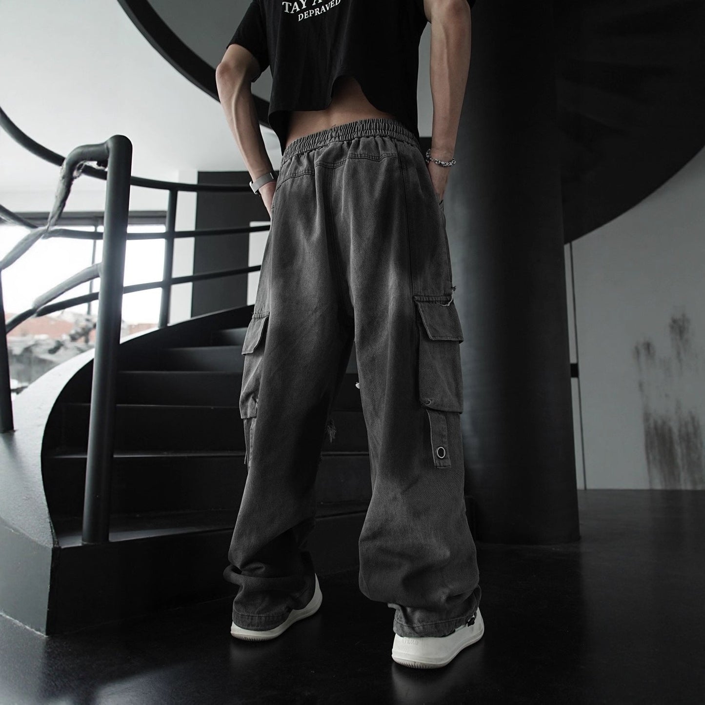 Distressed Raw Edge Straight-Leg Cargo Pants
