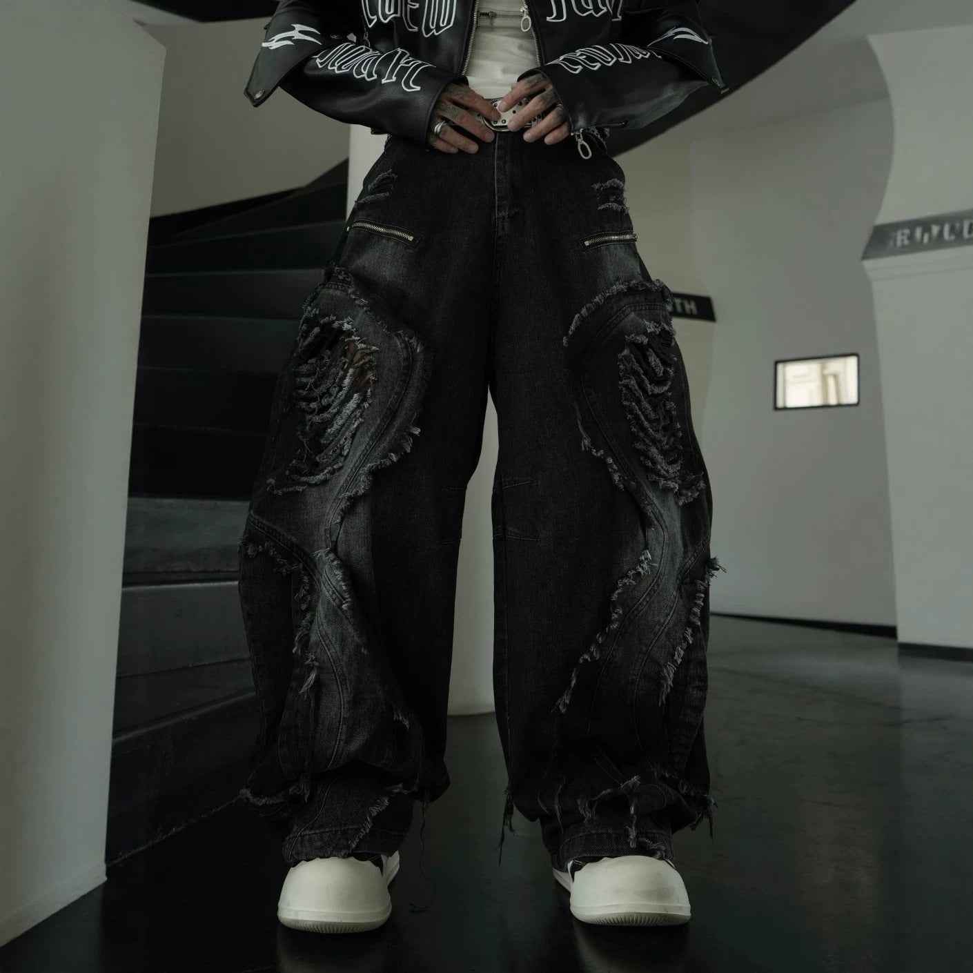 Distressed Biker Wide Leg Jeans