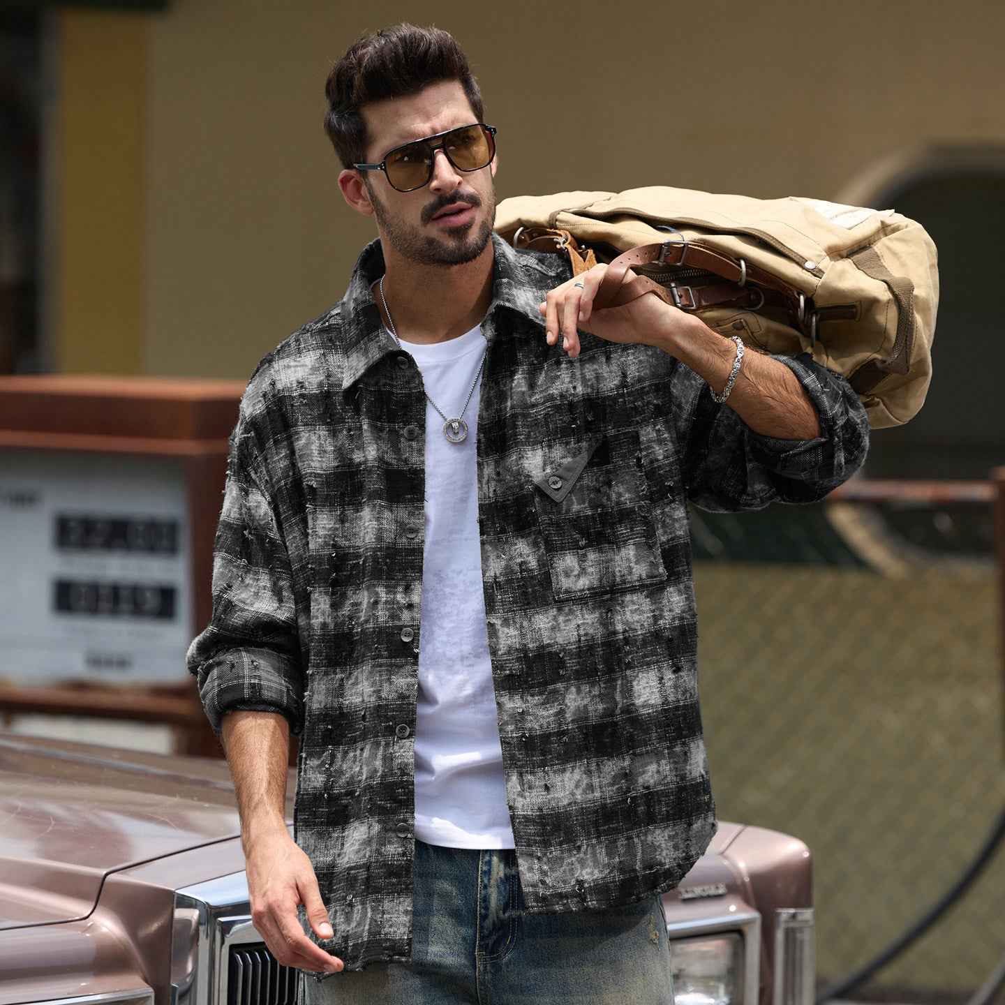 Mens Vintage Washed Plaid Workwear Shirt