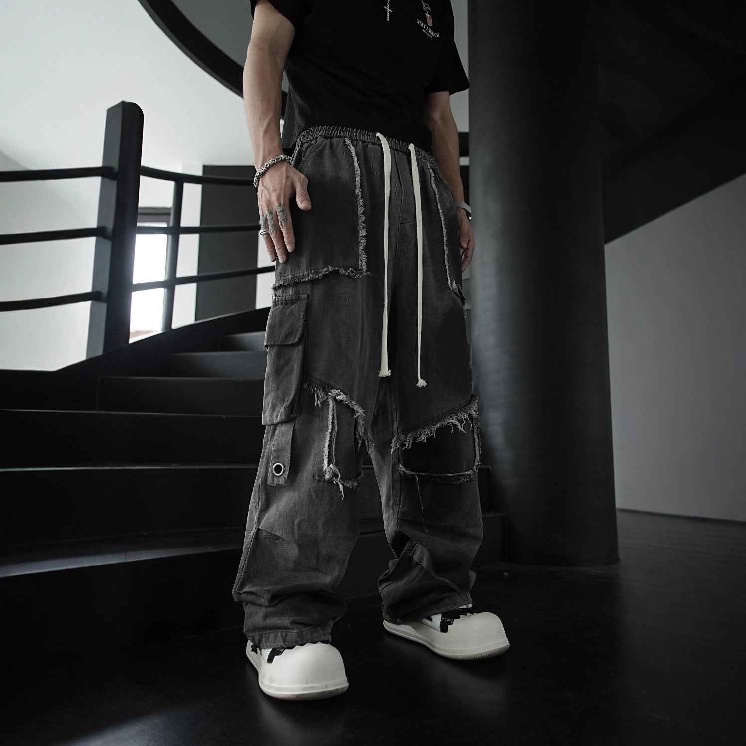 Distressed Raw Edge Straight-Leg Cargo Pants