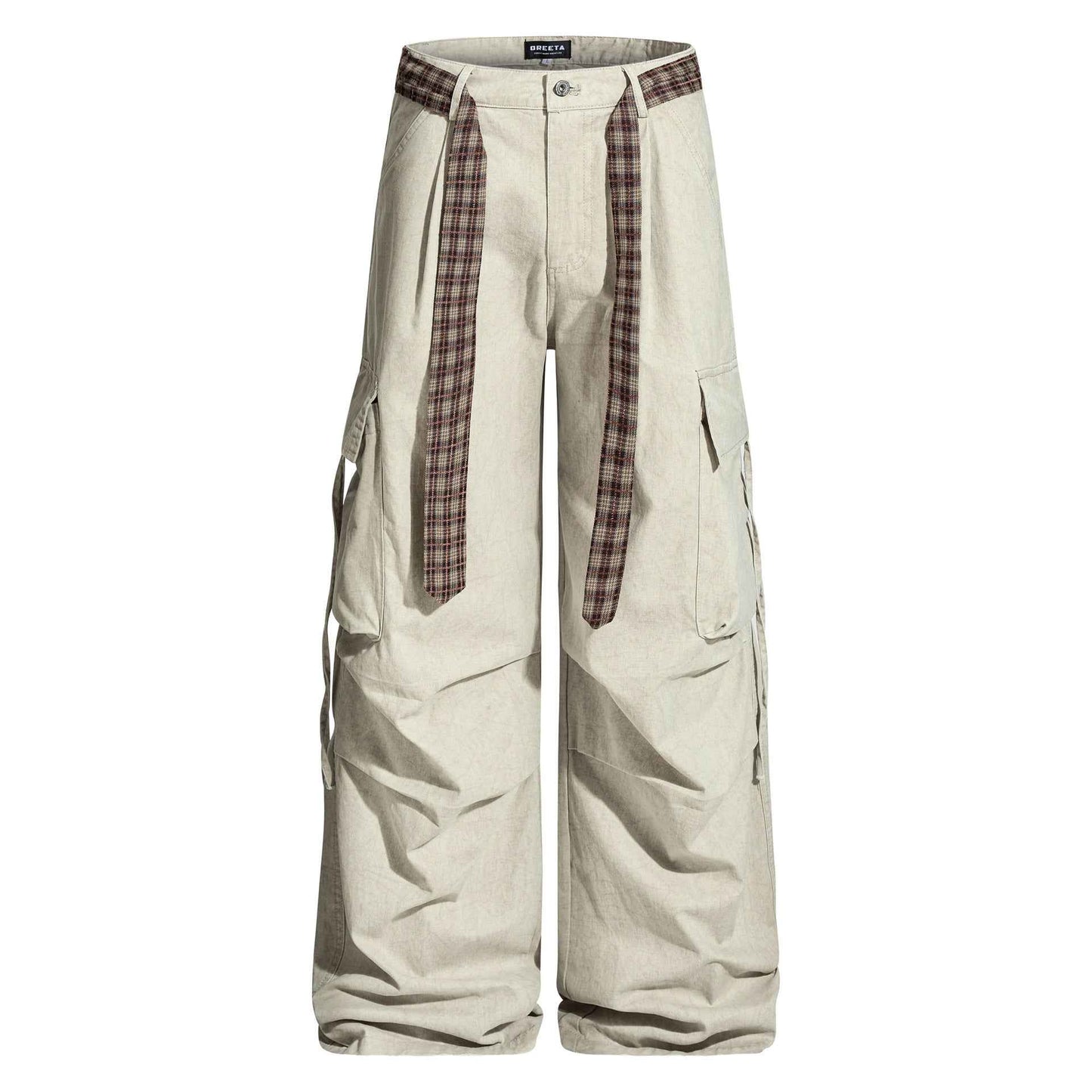 Vintage Washed Cargo Pants with Plaid Belt
