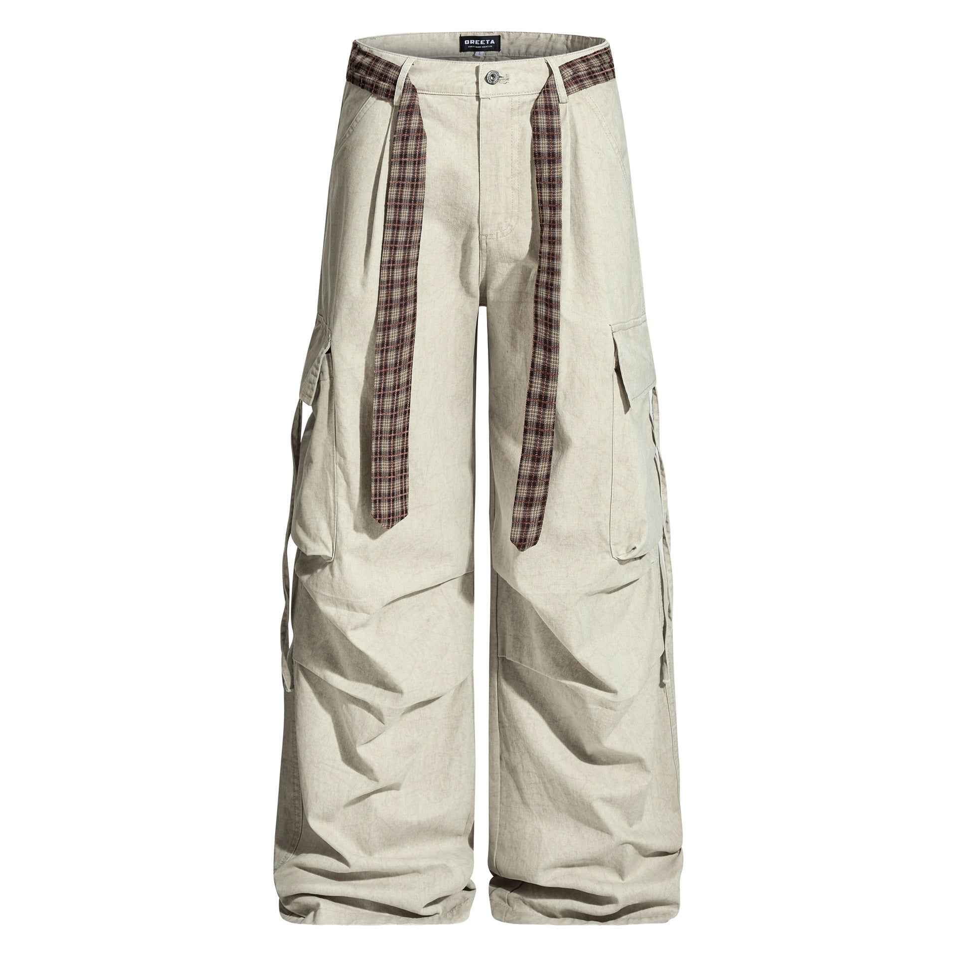 Vintage Washed Cargo Pants with Plaid Belt
