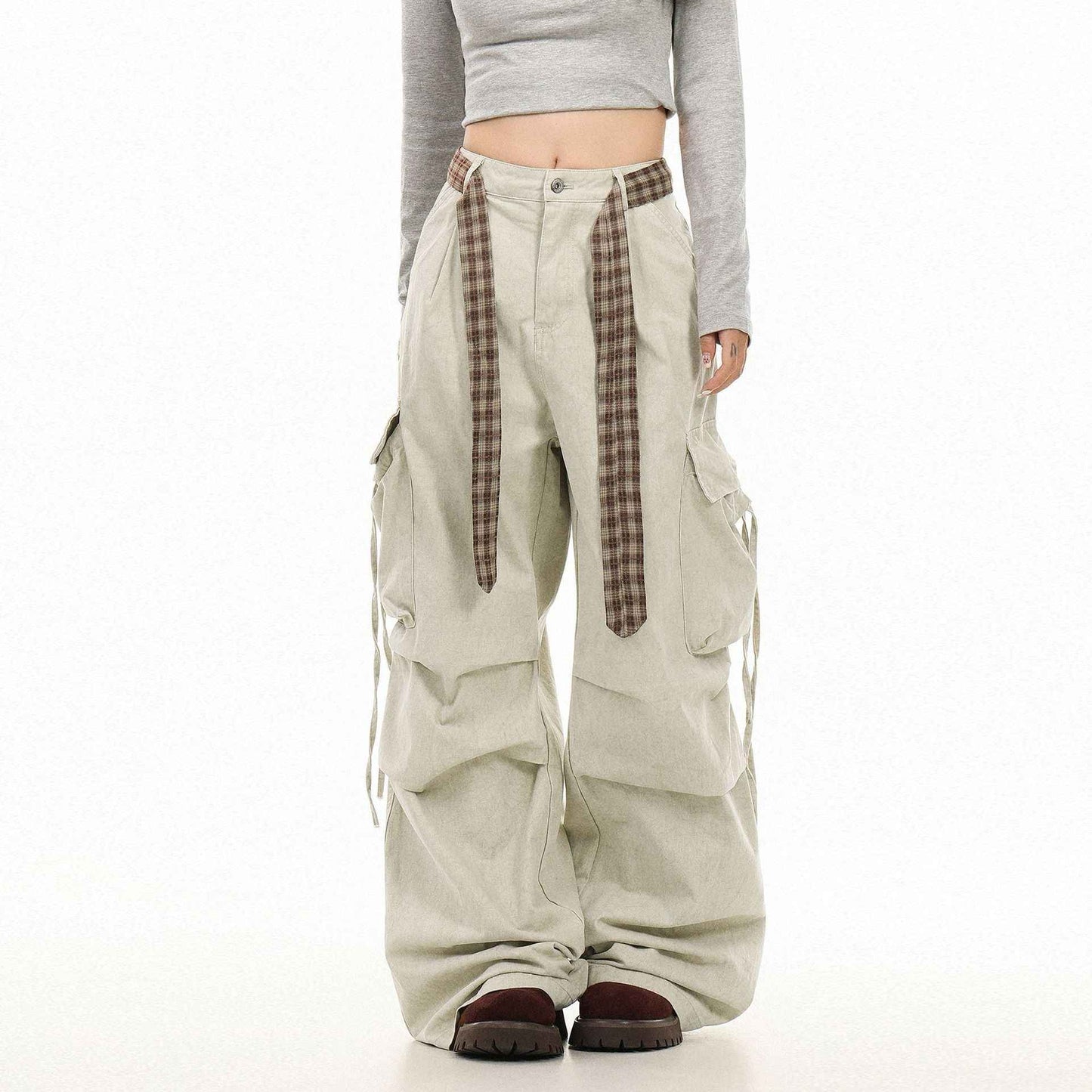 Vintage Washed Cargo Pants with Plaid Belt