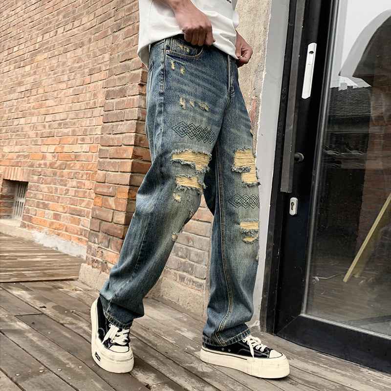 Embroidered Washed Ripped Jeans