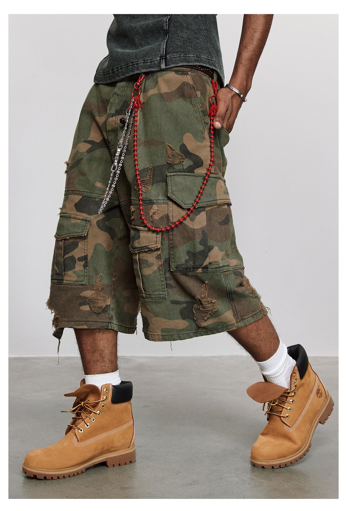 Distressed Cargo Baggy Camo Shorts