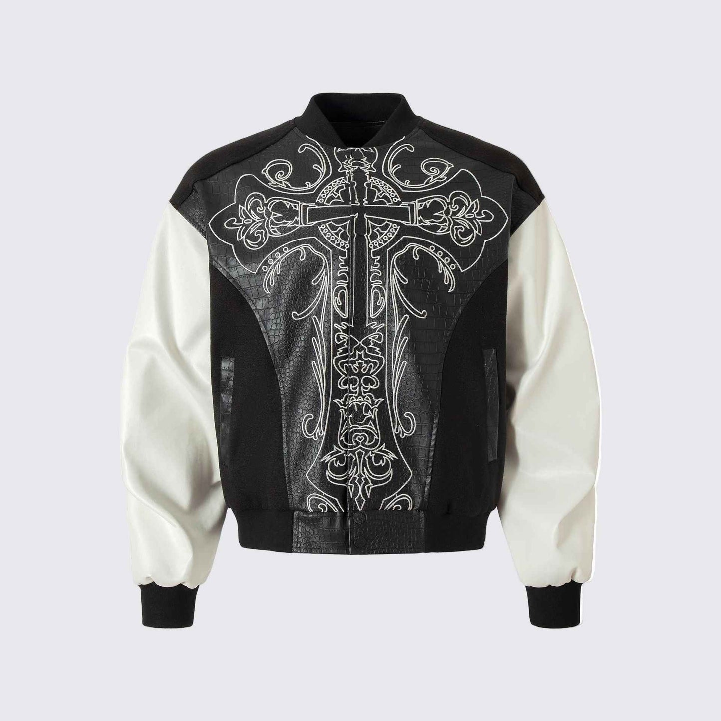 Cross Embroidery Leather Varsity Jacket