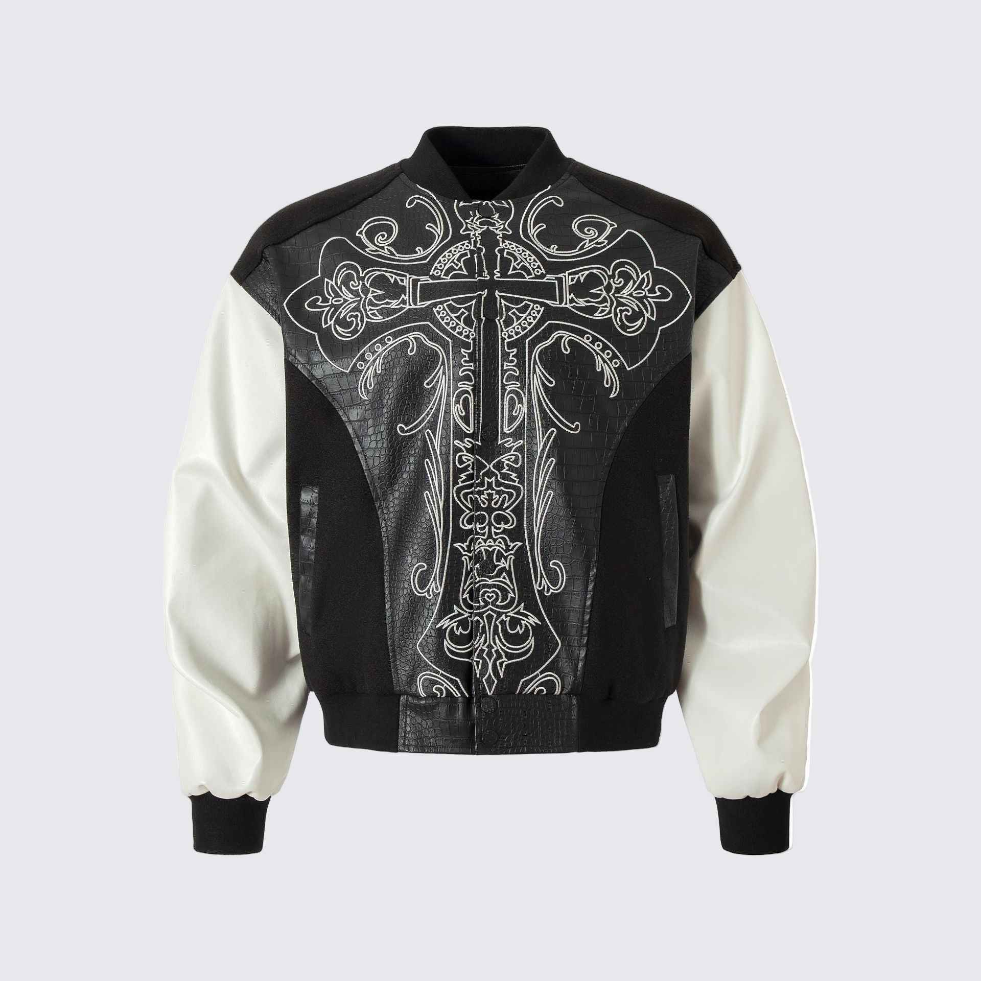 Cross Embroidery Leather Varsity Jacket