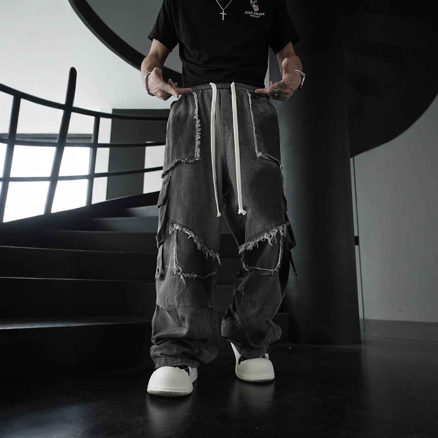 Distressed Raw Edge Straight-Leg Cargo Pants