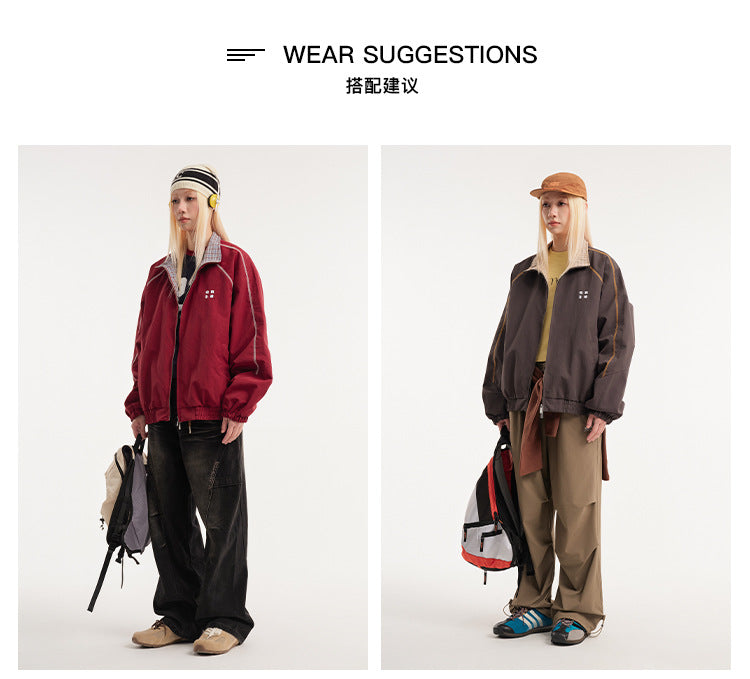 Retro Varsity Plaid Stand Collar Jacket