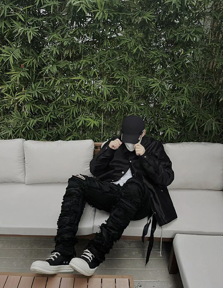 Dark Coating Waxed Distressed Jeans