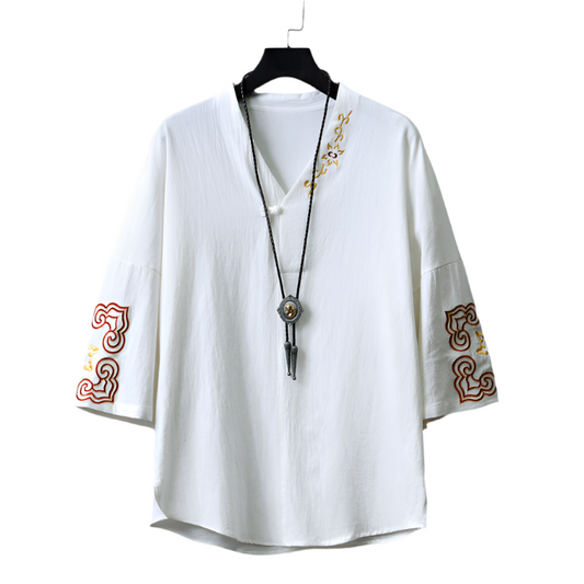 Chinese Embroidered V-Neck Hanfu Tee