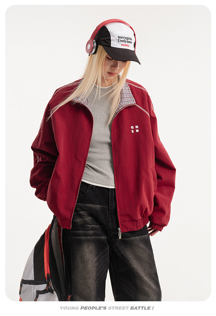Retro Varsity Plaid Stand Collar Jacket