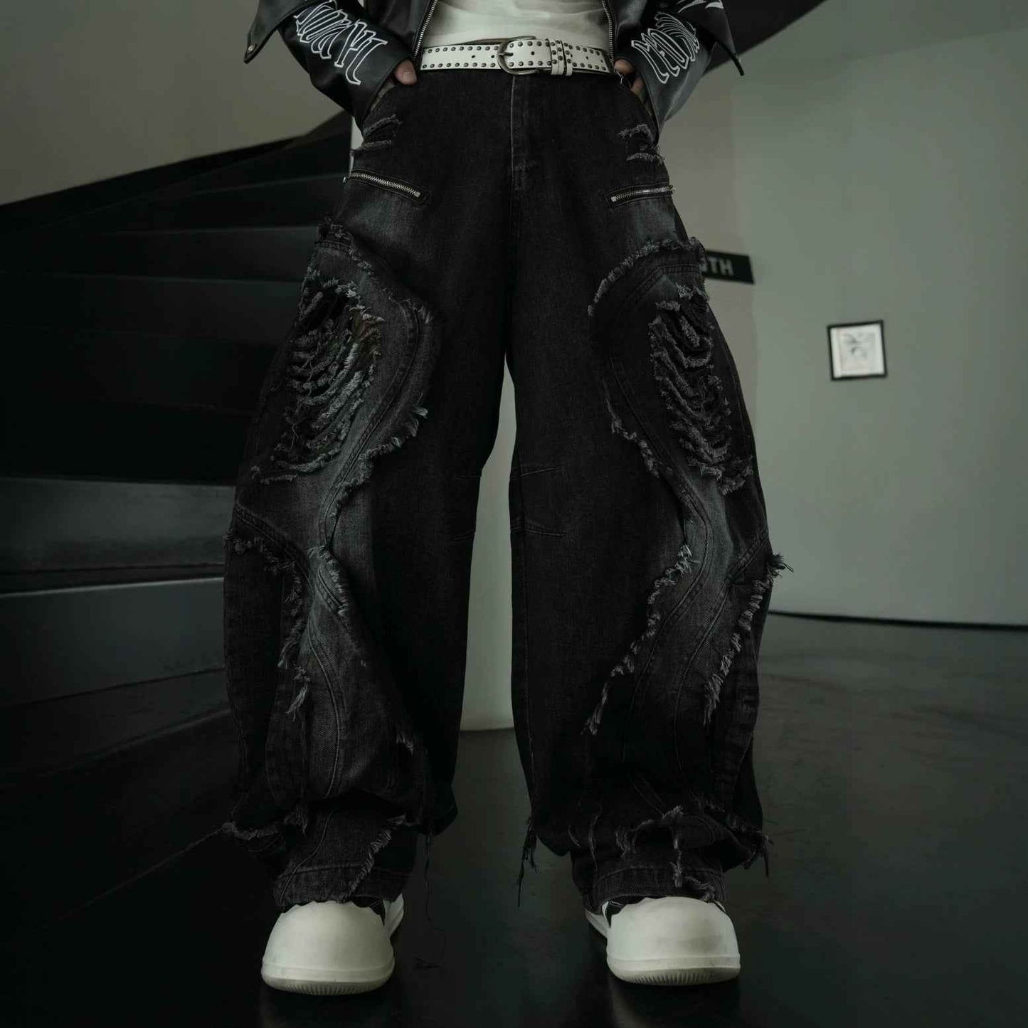 Distressed Biker Wide Leg Jeans