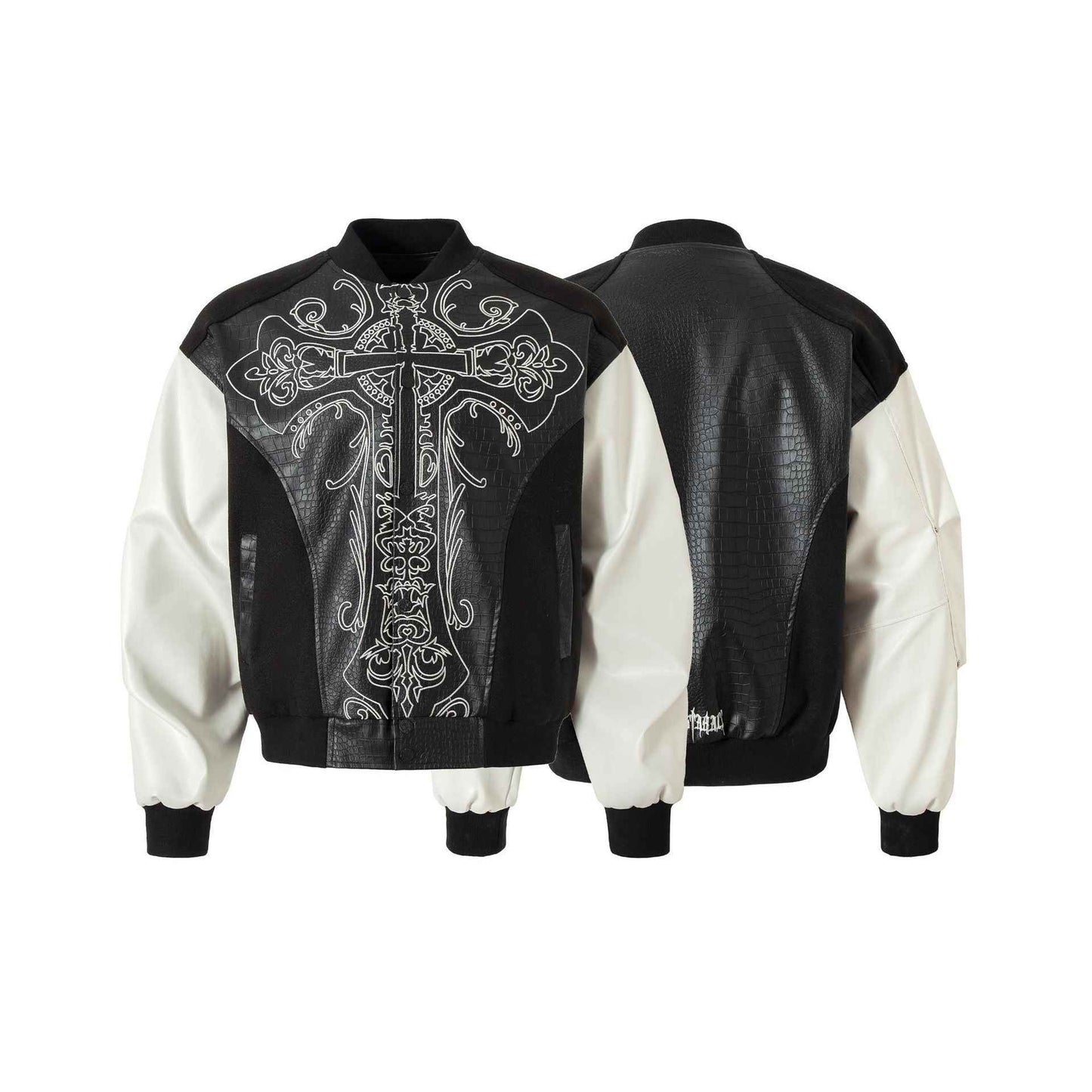 Cross Embroidery Leather Varsity Jacket