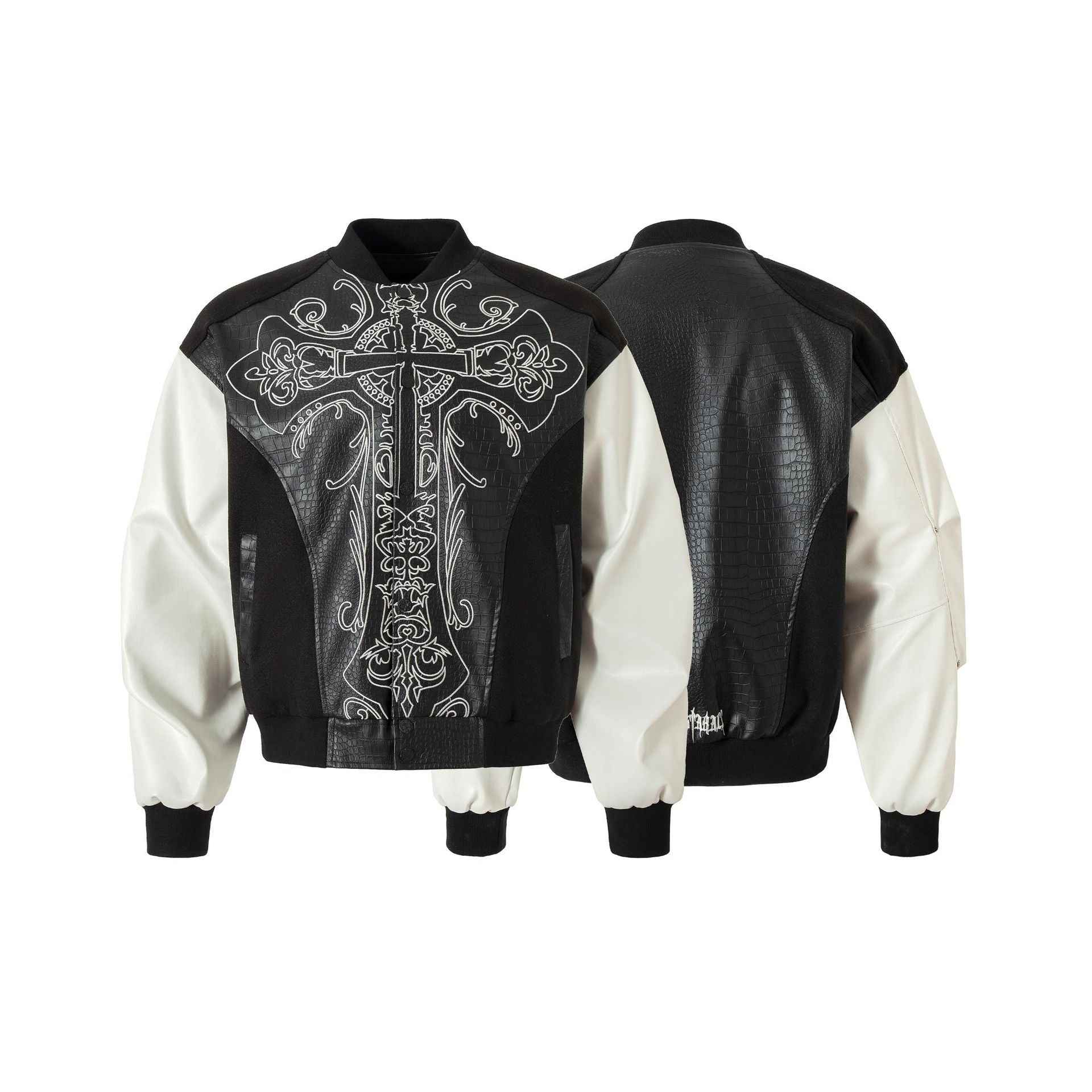 Cross Embroidery Leather Varsity Jacket